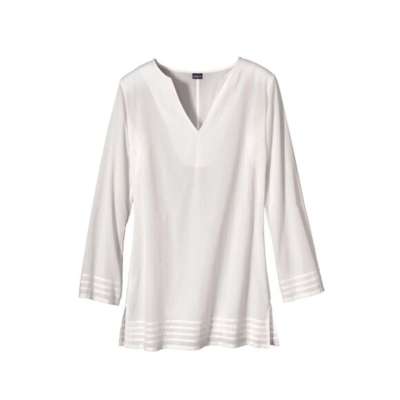 Patagonia Tops - Patagonia Guadalupe Tunic Size 14 White Cotton Semi Sheer Coverup V Neck